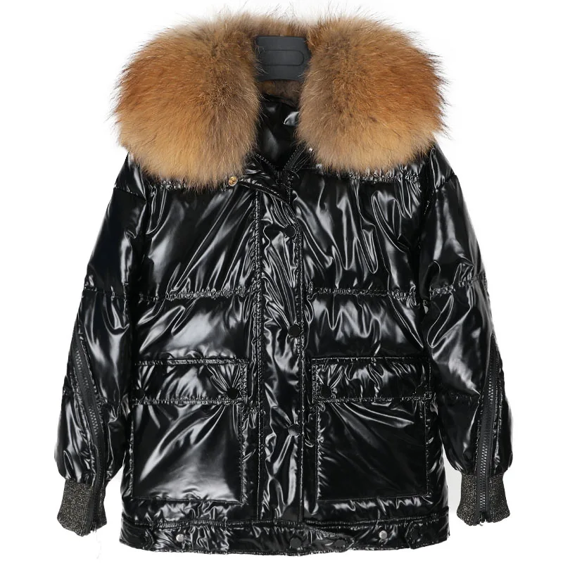 Зимняя женская куртка, пуховик из натурального меха енота, пальто с воротником, свободное короткое белое пуховое пальто с натуральным мехом, толстая теплая пуховая парка