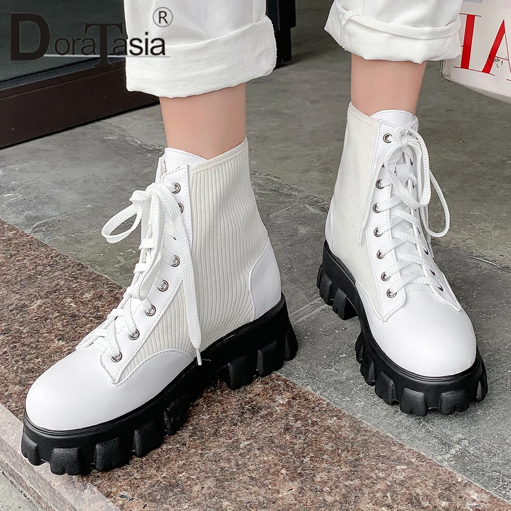 

DORATASIA Plus Size 32-46 New Fashion Patchwork Ladies Chunky Heels Shoes Woman Casual Office Lace Up Ankle Boots Women 2020