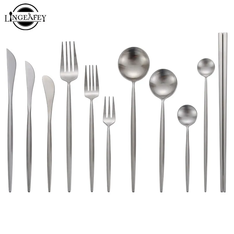 Cutlery Set Dessert Fork Knives Spoon Chopsticks Stainless Steel Silverware Steak Tableware Matte Silver Dinnerware tableware