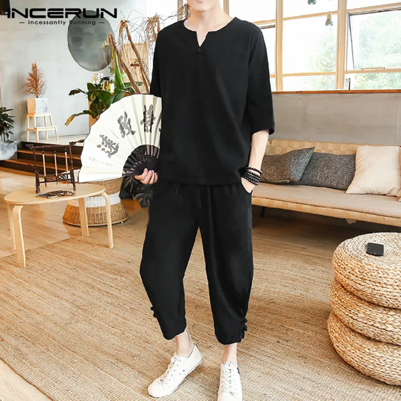 INCERUN Chinese Style Men Sets Cotton Solid Color Half Sleeve V Neck Shirts Drawstring Pants Vintage Men Casual Suits Streetwear INCERUN Chinese Style Men Sets Cotton Solid Color Half Sleeve V Neck Shirts Drawstring Pants Vintage Men Casual Suits Streetwear