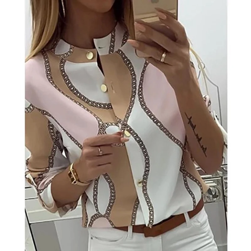 Розовый Chain Print Women's Blouse Shirt Button Long Sleeve Fashion Woman Blouses Womens Tops and Blouse Ladies Top Female 5XL - Цвет: Розовый
