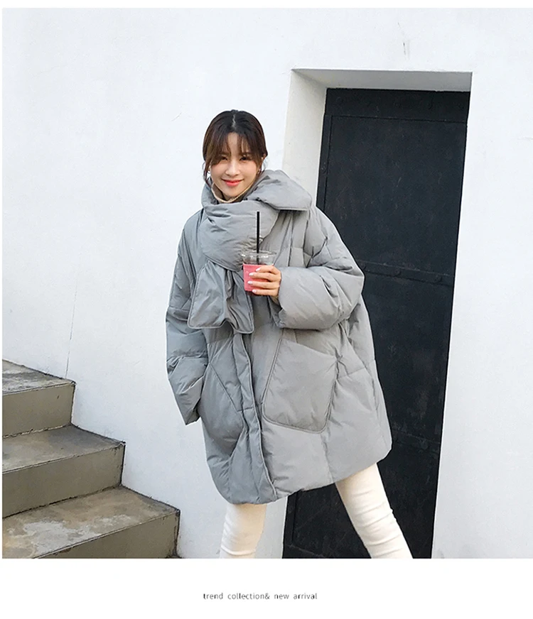 Light grey Стеганая куртка съемный шарф воротник уличная Свободная Повседневная теплая зимняя куртка большой карман Женская одежда оверсайз плюс размер - Цвет: Light grey