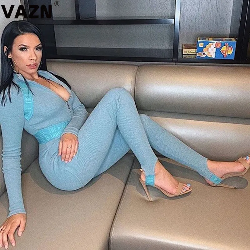 VAZN, синий, однотонный, новинка, хит, модный, уличный комбинезон, Повседневный, бодикон, молния, ворот, вязанный, сексуальный, длинные штаны, тонкий, длинный комбинезон