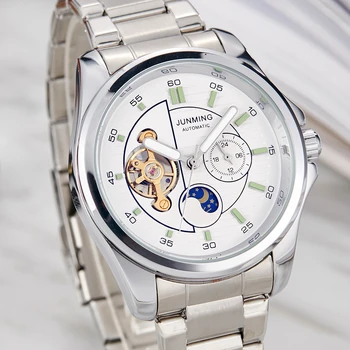 

Men Mechanical Wristwatch Fashion Moon Phrase Skeleton Stainless Steel Bracelet Unique Tourbillon Male Automatic Self Wind Clock