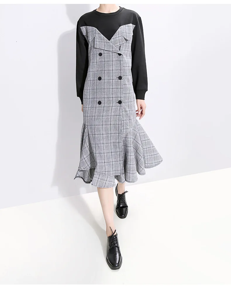 TVVOVVIN Europe Temperament Fashion Women Dress Cotton Casual Plaid Long Sleeve Ladies Dress Autumn New Women Clothing B223