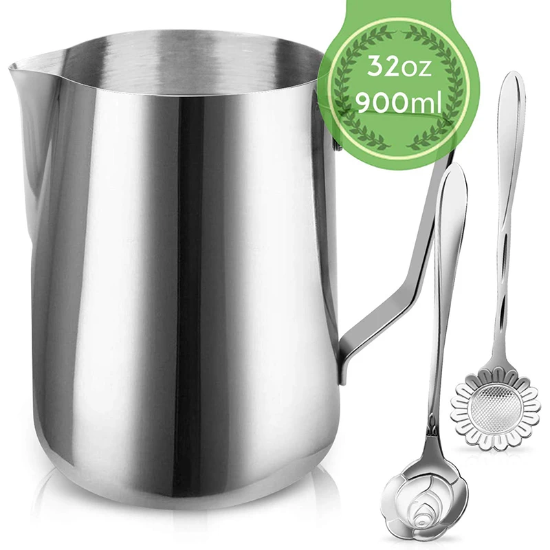 900ml and 2 spoon Кувшин для вспенивания молока, кофейные инструменты из нержавеющей стали, подходит для эспрессо, латте-арта, молока, прилагаемых десертных кофейных ложек - Цвет: 900ml and 2 spoon