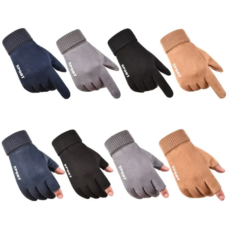 Mens Winter Thick Plush Lining Suede Stretch Gloves Touchscreen Thermal Ribbed Cuff Snow Ski Driving Sports Mittens Wrist Warmer