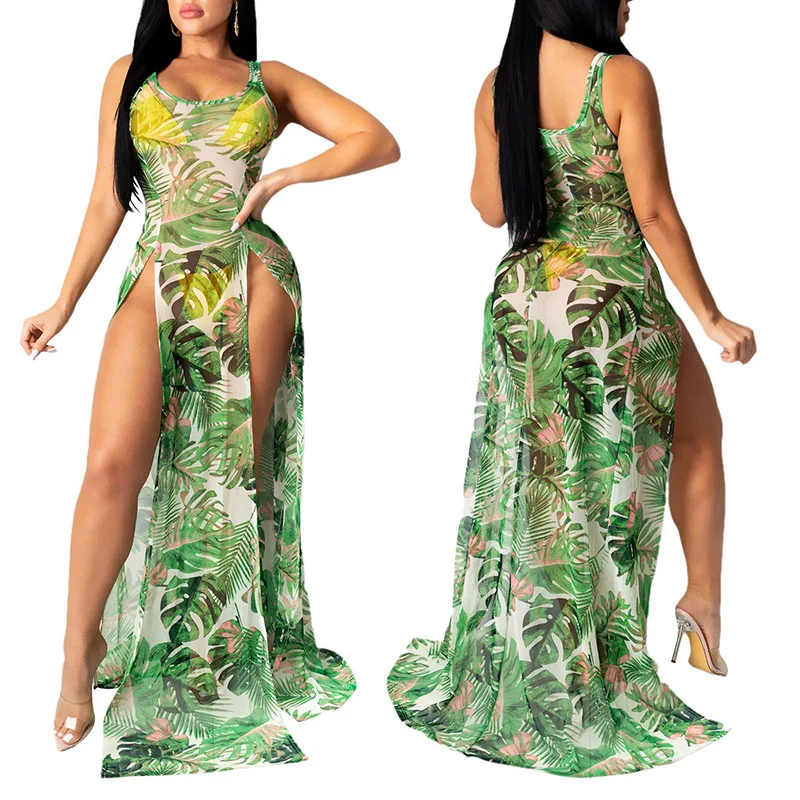 Women Sexy Cover-Ups Dress Split Perspective Bikini Smock Fashion Plant Printed High-waist Sleeveless Beach Long Dress Summer