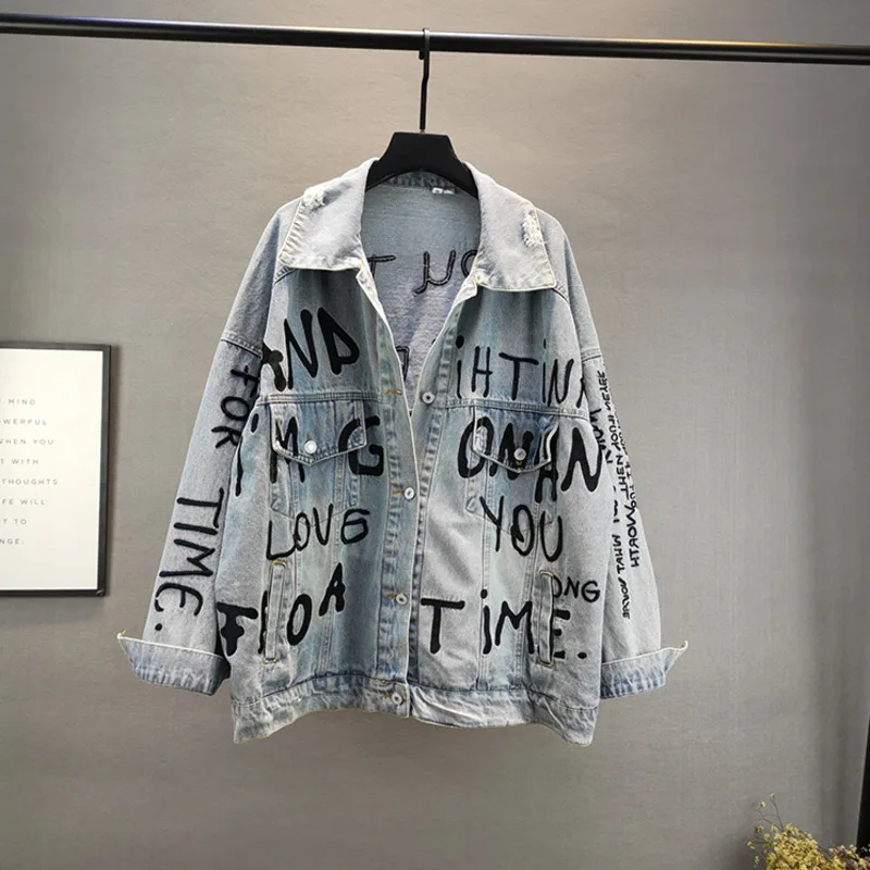 

2020 Loose Letter Embroidery Women Bomber Denim Jacket Harajuku Large Size Denim Coat Female Jeans Jacket Jaqueta Feminina