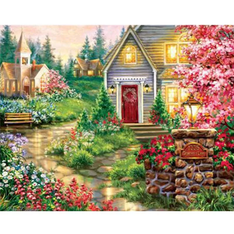 

Frame DIY Painting By Numbers Landscape villa Oil Painting Modern Pictures Canvas Paintings For Living Room Wall Art Home Decor