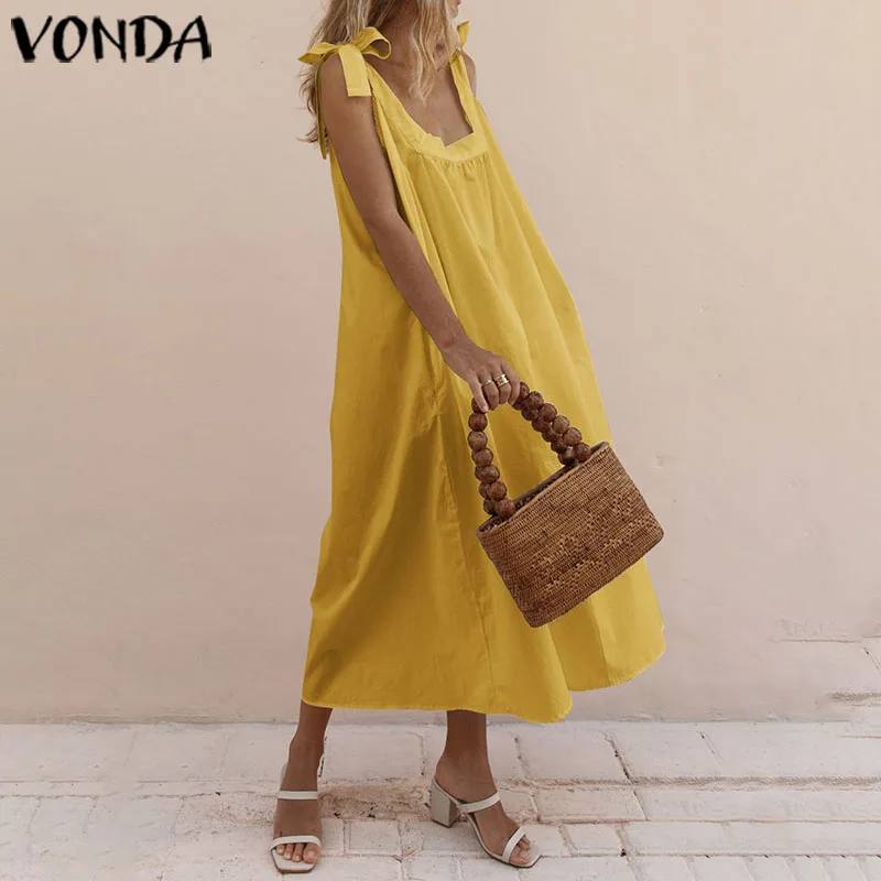 VONDA, сексуальное вечернее платье без рукавов, лето, сплошной цвет, богемный стиль, пляжный сарафан размера плюс, винтажный стиль, Vestidos Femme, длинный халат