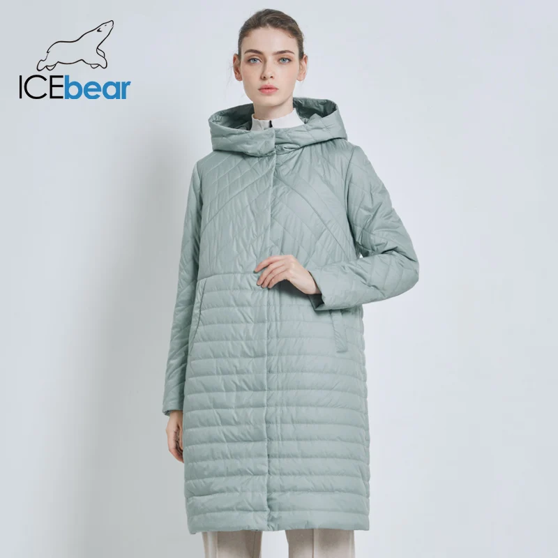 ICEbear Новое длинное женское осеннее пальто женская куртка, прямого силуэта, с втачным капюшоном. Основная застежка на молнии с ветрозащитной планкой на кнопках GWC19039I