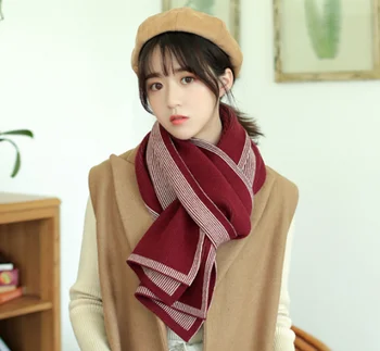 

Female student knitting stripe scarf wool wrap edge warm shawl patchwork color qiu dong scarf