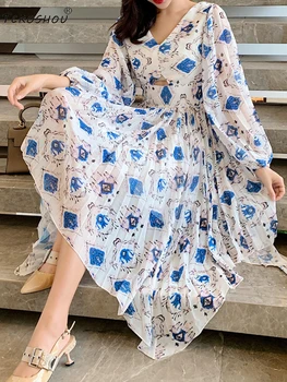 

Sexy V-neck, high waist, hollow, lace, pleated, retro, printed, irregular, dress, ladies' autumn new fashion, free shipping
