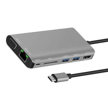 

Type-C Dock Station USB3.0x2/SDx1 Card+HDMI/VGA+JACK 3.5+RJ45+Type-c(PD) port