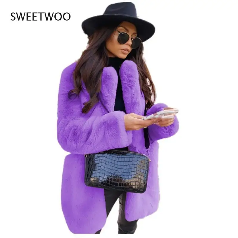 New Women Winter Warm Faux Fur Coat Thick Women Middle -Long Overcoat Turn Down Collar Women Warm Female Casaco Feminino 2022