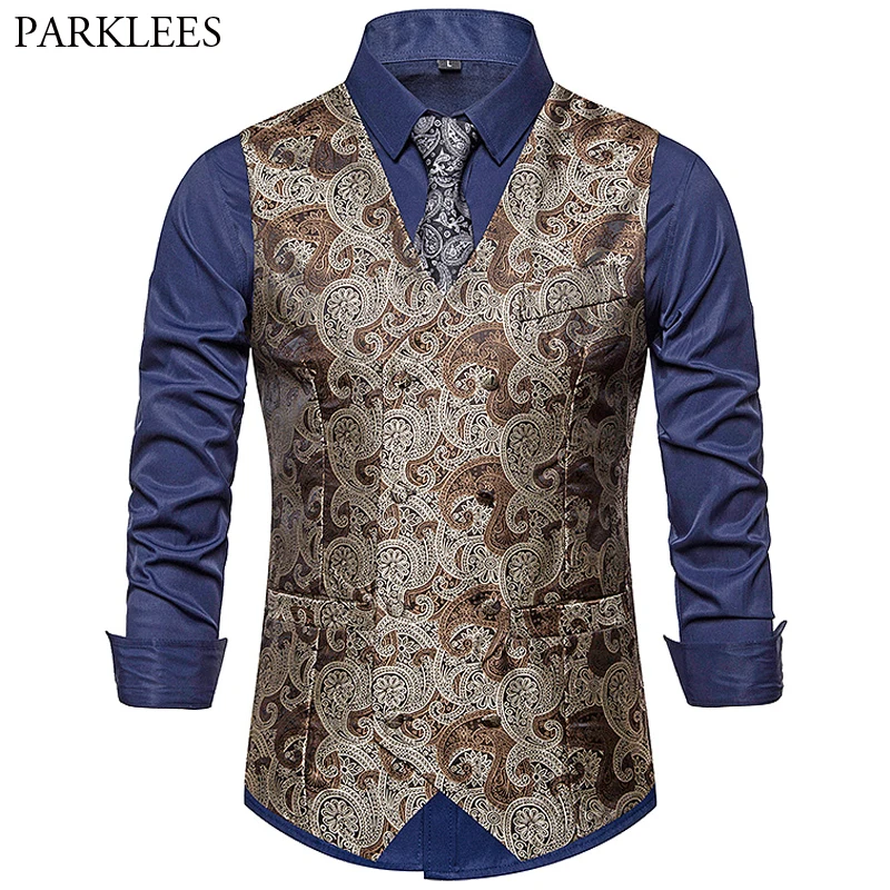 

Mens Paisley Jacquard Suit Vest Double Breasted Dress Tuxedo Vest Retro Palace Style Waistcoat Performance Clothing Gilet Homme