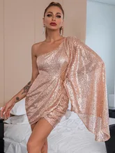 

SRUBY Cut Out One Shoulder Sexy Dress Cloak Sleeve Sequin Bodycon Dress Backless Mini Party Club Dress Woman Christmas