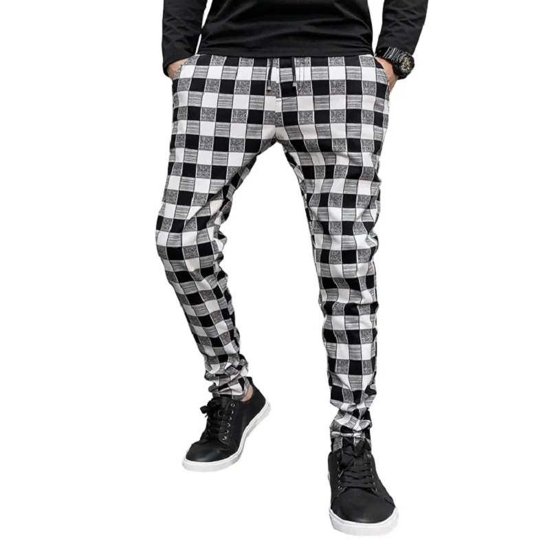 New Men's Fashion Slim Trousers Comfortable Plaid Black White Casual Pencil pants M-XXL