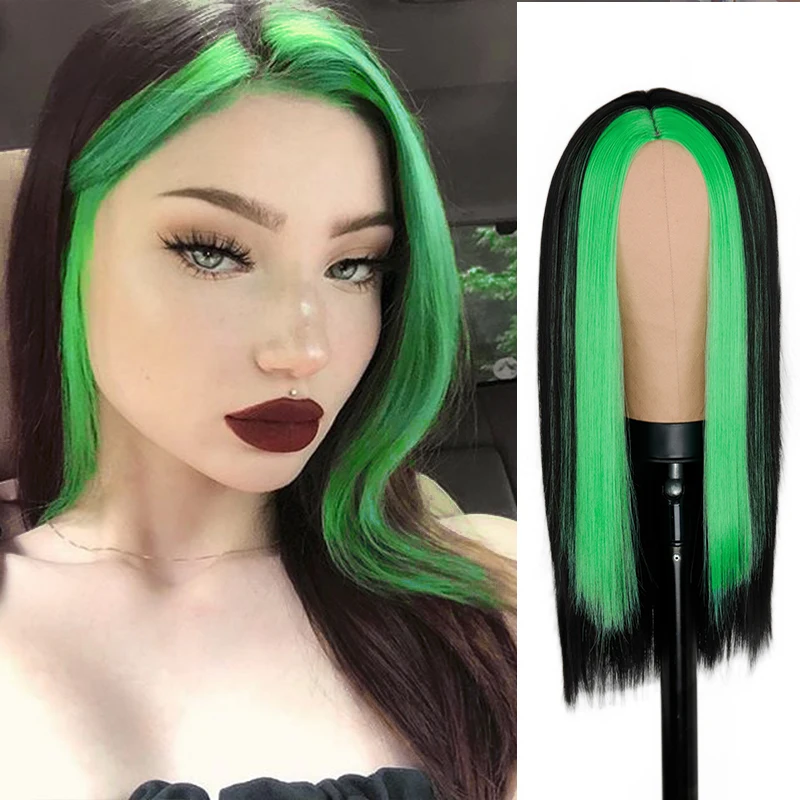 

Synthetic Wig Fashion Long Black Straight Hair Wig Highlighting Green Hair For Girls with Cosplay Wig