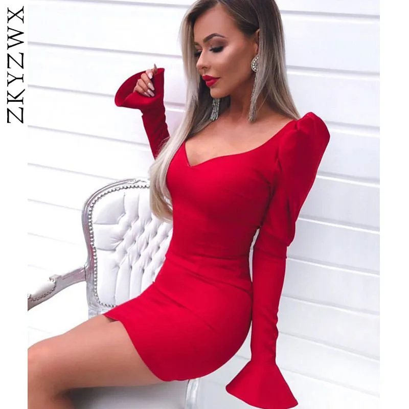 

ZKYZWX Flare Sleeve Bodycon Dress Women V Neck Sexy Vintage Elegant Dresses Fall Streetwear Party Club Night Vestidos De Verano