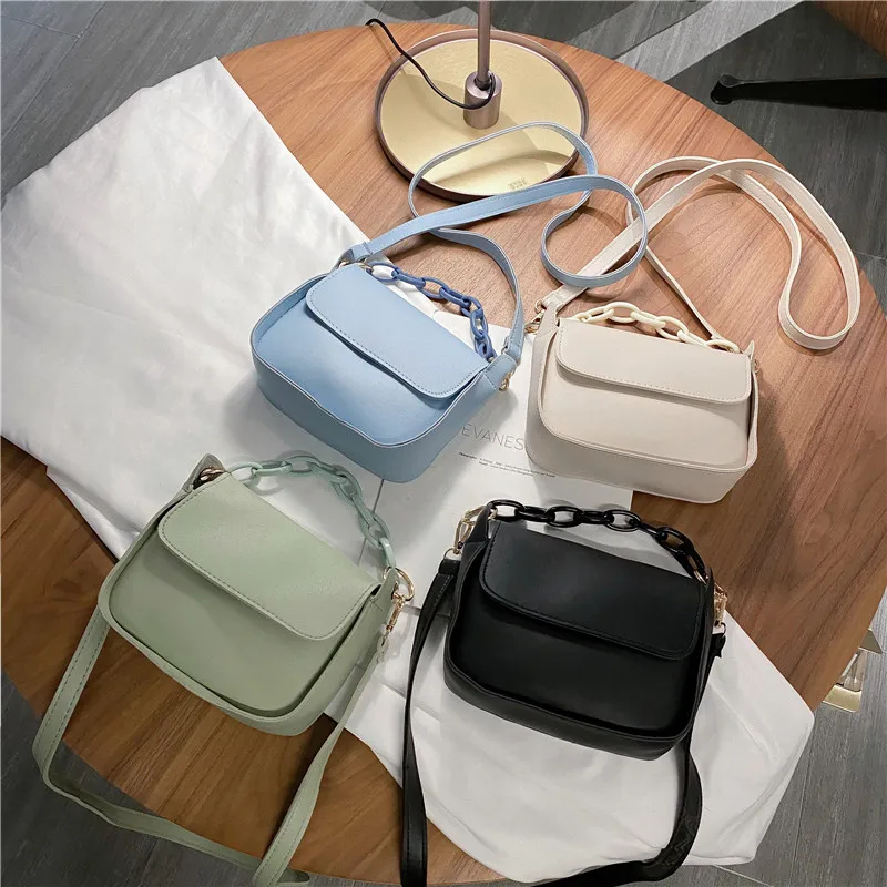 

Solid Color Small PU Leather Crossbody Bags For Women 2021 Summer Acrylic Chain Designer Lady Travel Shoulder Messenger Handbags