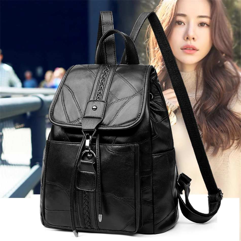 Элегантные женские рюкзаки из мягкой кожи Mochila Feminina школьные рюкзаки для девочек Противоугонный рюкзак со шнурком для путешествий черного цвета
