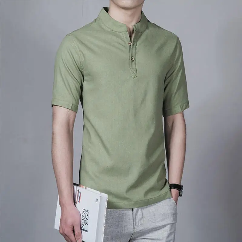 army green Новые модные мужские рубашки с коротким рукавом, мужские повседневные льняные рубашки, мужские брендовые рубашки размера плюс 4XL 5XL с v-образным вырезом - Цвет: army green
