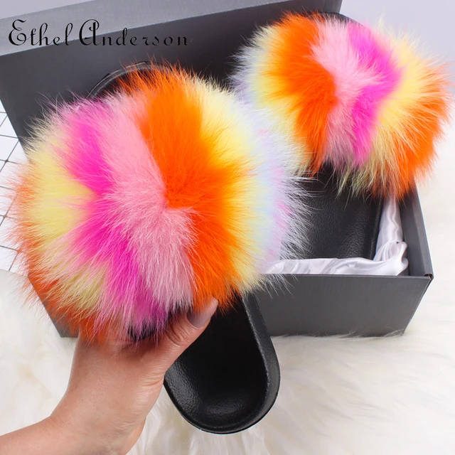 2021 Hot Sale Women Real Fox Fur Slippers Multi-color Summer Fashion Slides Casual Female Furry Shoes As picture