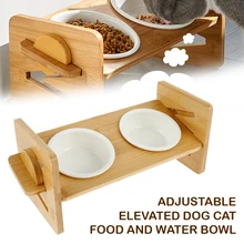 

Pet Cat Double Ceramic Bowls Adjustable Wooden Rack Elevated Dog Cat Neck Care Raise Stand Feeder Food Water Bowl