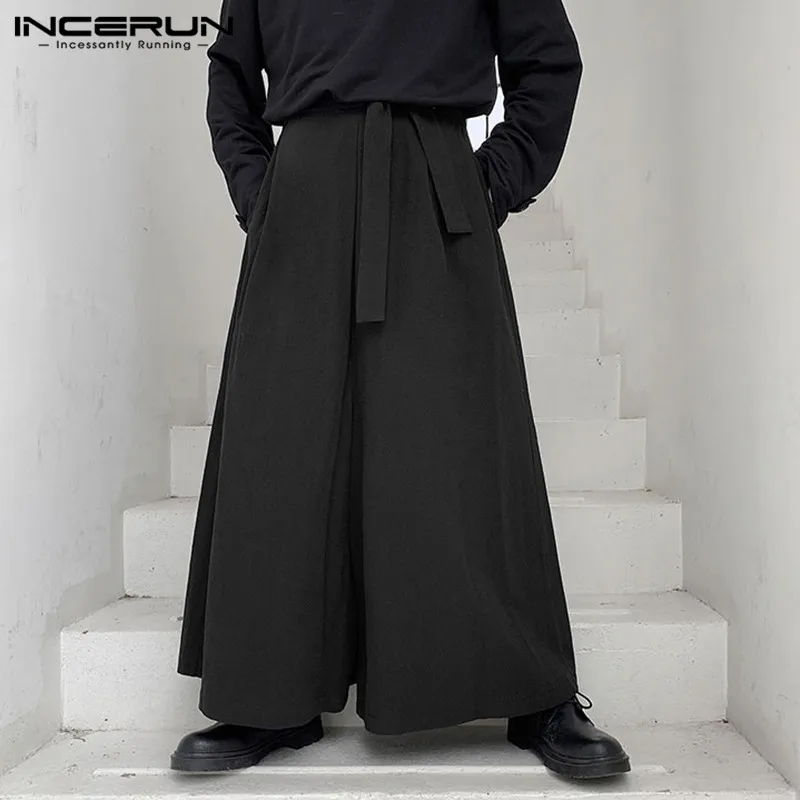 INCERUN Mens Wide Leg Pants Vintage Joggers Cotton Solid Baggy Casual Trousers Men Lace Up Streetwear 2020 Long Pants Plus Size INCERUN Mens Wide Leg Pants Vintage Joggers Cotton Solid Baggy Casual Trousers Men Lace Up Streetwear 2020 Long Pants Plus Size