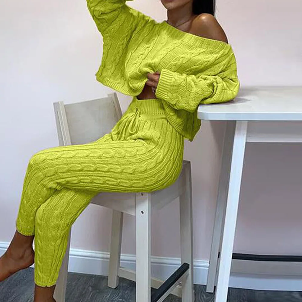 

Women's Casual Knit Set Two-Piece Outfit Long Sleeve Sweater Short Pullover Crop Top Drawstring Long Pants Set