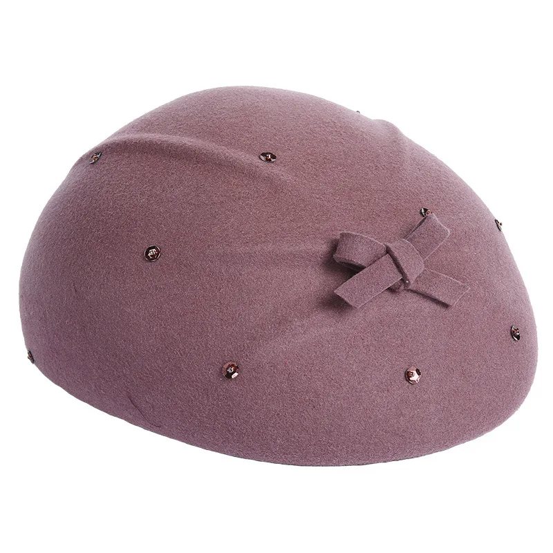 Light Purple FS Элегантный женский берет с бантом, модная зимняя Кепка-котелок из чистой шерсти, фетровые шляпы в британском стиле, церковный колокол, шапка осень - Цвет: Light Purple