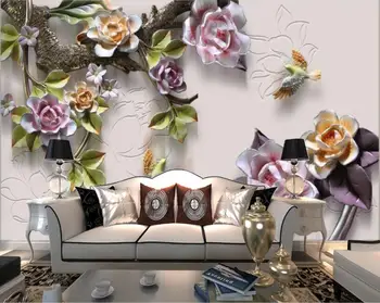 

CJSIR Customize Any Size Wallpaper Mural Embossed Rose Flower Bird TV Background Wall 3d Wallpaper Papel De Parede Home Decor