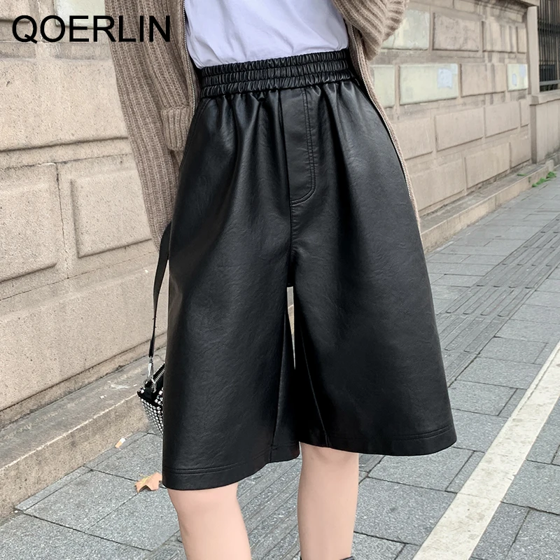 QoerliN S-3XL Autumn PU Leather Shorts Women's Casual High Waist Wide Leg Half Trousers Korean Outerwear Loose Straight Shorts women s faux leather pants high waist straight wide leg pu legging casual solid color flares trousers