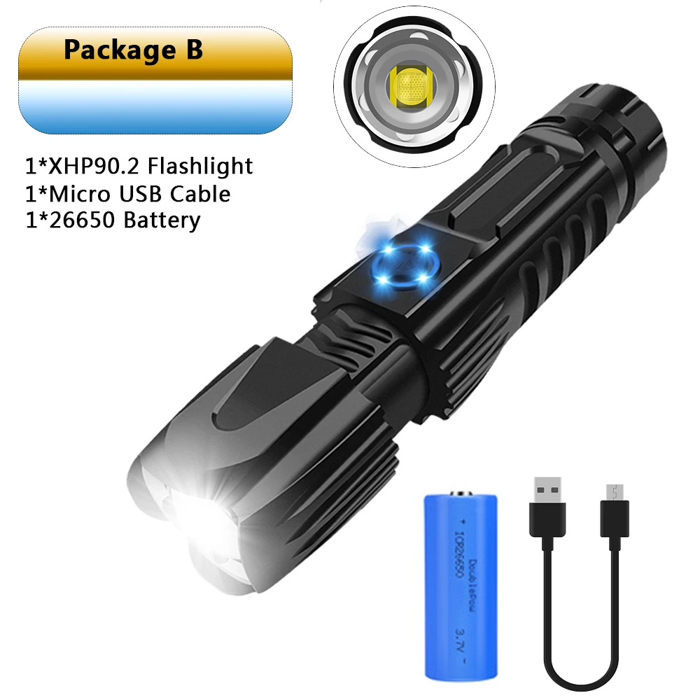 Package B Самый яркий XHP90.2 супер яркий флэш-светильник XHP70.2 тактический флэш-светильник XHP50 USB Zoom фонарь для охоты 26650 для кемпинга - Испускаемый цвет: Package B