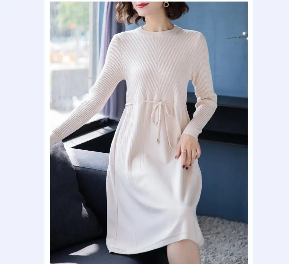 Новые модные женские трикотажные платья с круглым вырезом и длинным рукавом, трикотажное платье-свитер