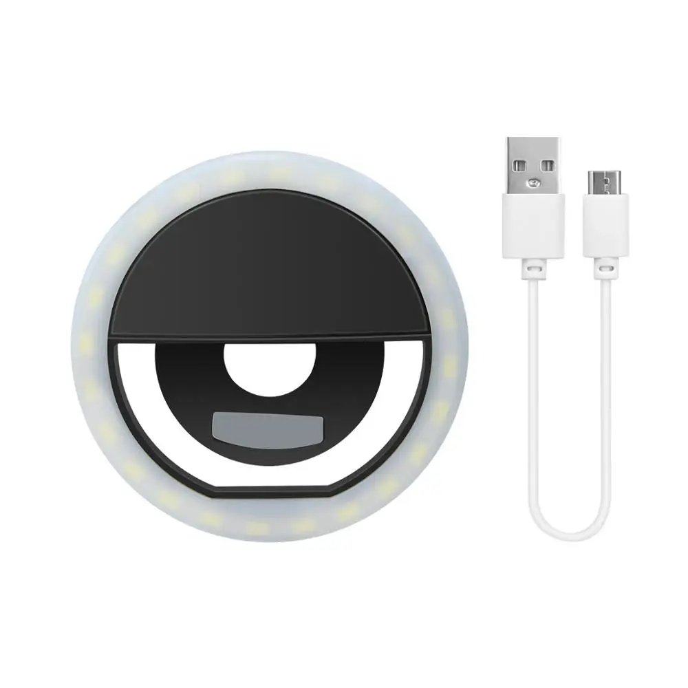 Перезаряжаемая через USB лампа для мобильного телефона, селфи Новинка, портативный светодиодный светильник для селфи с зажимом, кольцевой светильник для телефона - Цвет: Черный