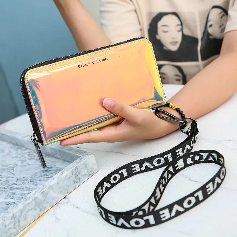 New Lanyard Laser Holographic Wallet Women Long Purse Female Clutch Bag Women Wallets Purses Zip Phone Pocket - Цвет: Оранжевый