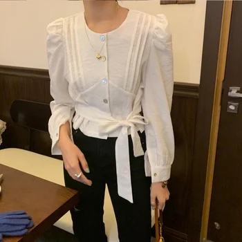 

New 2020 Spring Summer Women's Blouse Single-breasted O-Neck Lace Up Bow Solid Wrinkled Elegant Casual Tops