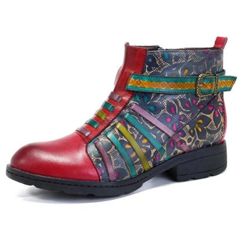 

Retro Genuine Leather Ankle Boots Women Shoes Vintage Bohemian Spring Autumn Zip Printed Stripe Shoes Woman Botas Mujer