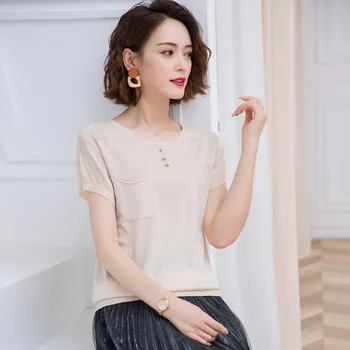 

2020 casual loose round neck side pockets solid color sweater women gray