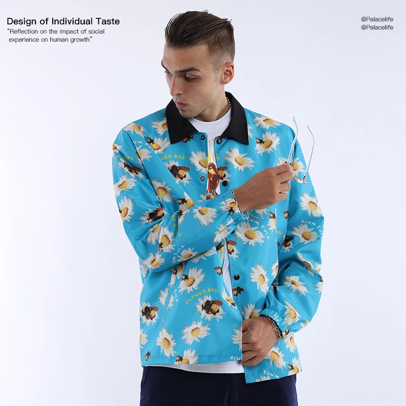 

2019 Sunflower Bee Jacket Pattern Stand Collar Men Jacket Original Design Streetwear Hip Hop Personality Windbreaker