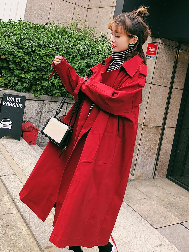 

New Spring and Autumn Female Windswear 2019 Korean Version Loose Long Red Trench Coat