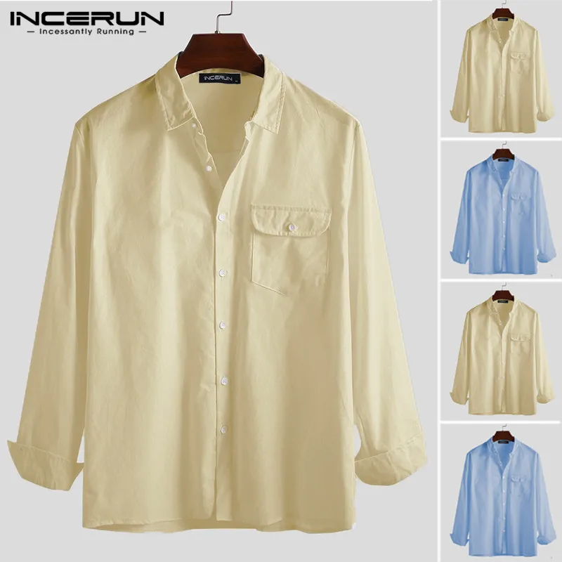 INCERUN Мужская рубашка Европа Америка с отворотом шеи сплошной цвет хлопок литературный длинный рукав свободный маленький свежий уличная мужская рубашка