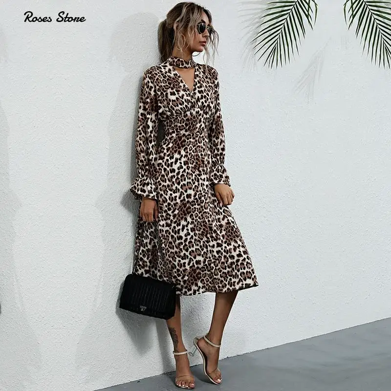 Женское леопардовое платье с длинным рукавом Элегантная Модная одежда V-образным