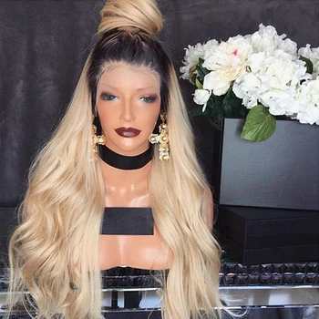 

Two Tones Ombre Blonde Lace Front Wigs for Women Synthetic Long Body Wave Wigs Free Parting Heat Resistant Fiber Natural Looking