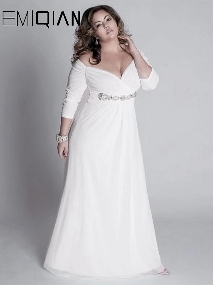 Свадебное платье размера плюс, простое свадебное платье трапециевидной формы, расшитое бисером свадебное платье, 3/4 рукав размера плюс свадебное платье