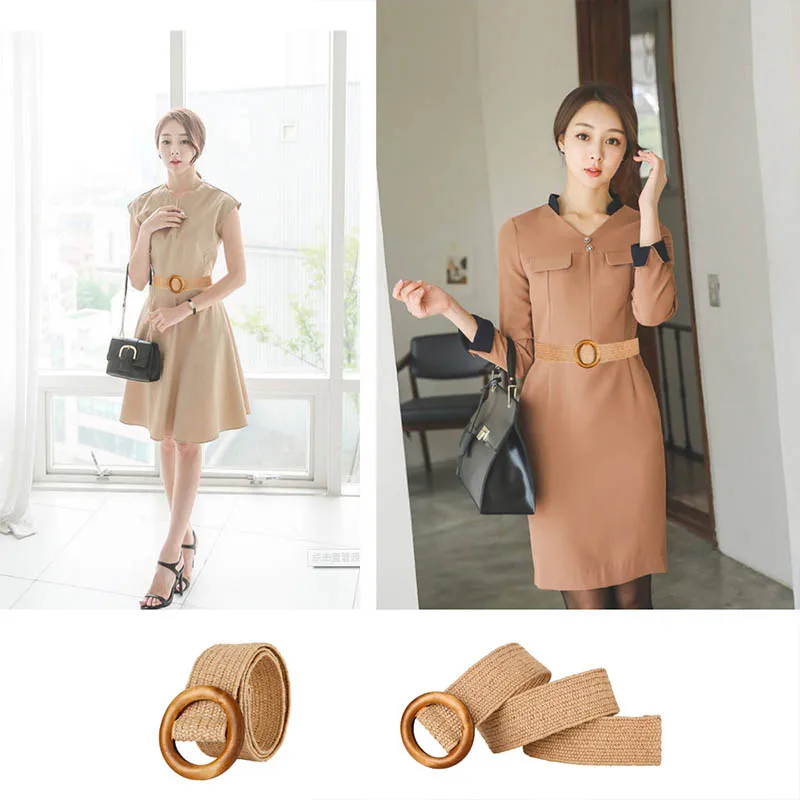 PP Straw Belts Elastic Wooden Buckle Braided Wide Strap Dress Belt Women Female Decor Round Casual 1Pcs