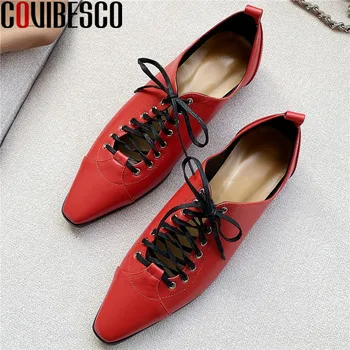 

COVIBESCO Sexy Cross Tied Genuine Leather Shoes For Women Shallow Pointed Toe Low Heels Pumps 2020 Autumn Party Basic Shoes Woma